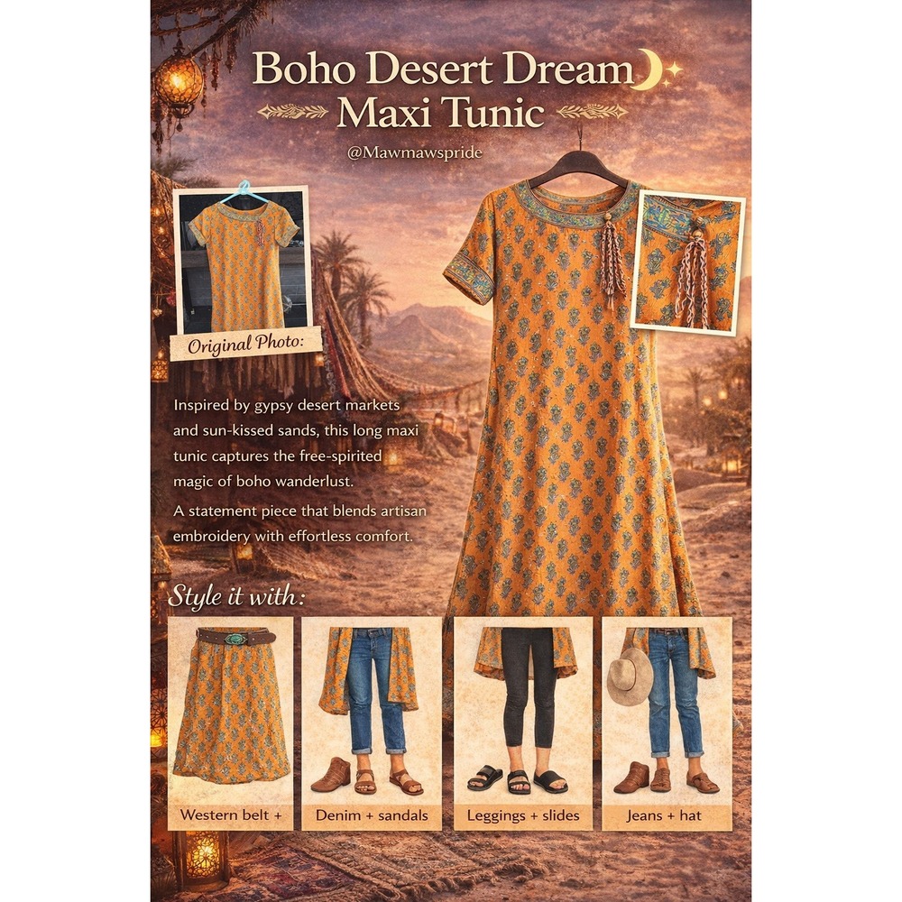 Boho Desert Dream Maxi Tunic Orange Floral Sequin Embroidered India Dress S/M